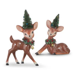 Raz 12" Set Of 2 Retro Deer With Bottle Brush Trees 4212563