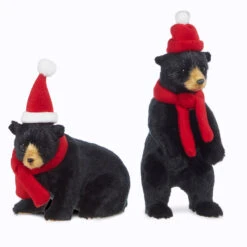 Raz 8" Black Bear With Scarf And Hat Ornament Or Figure Set Of 2 4350113