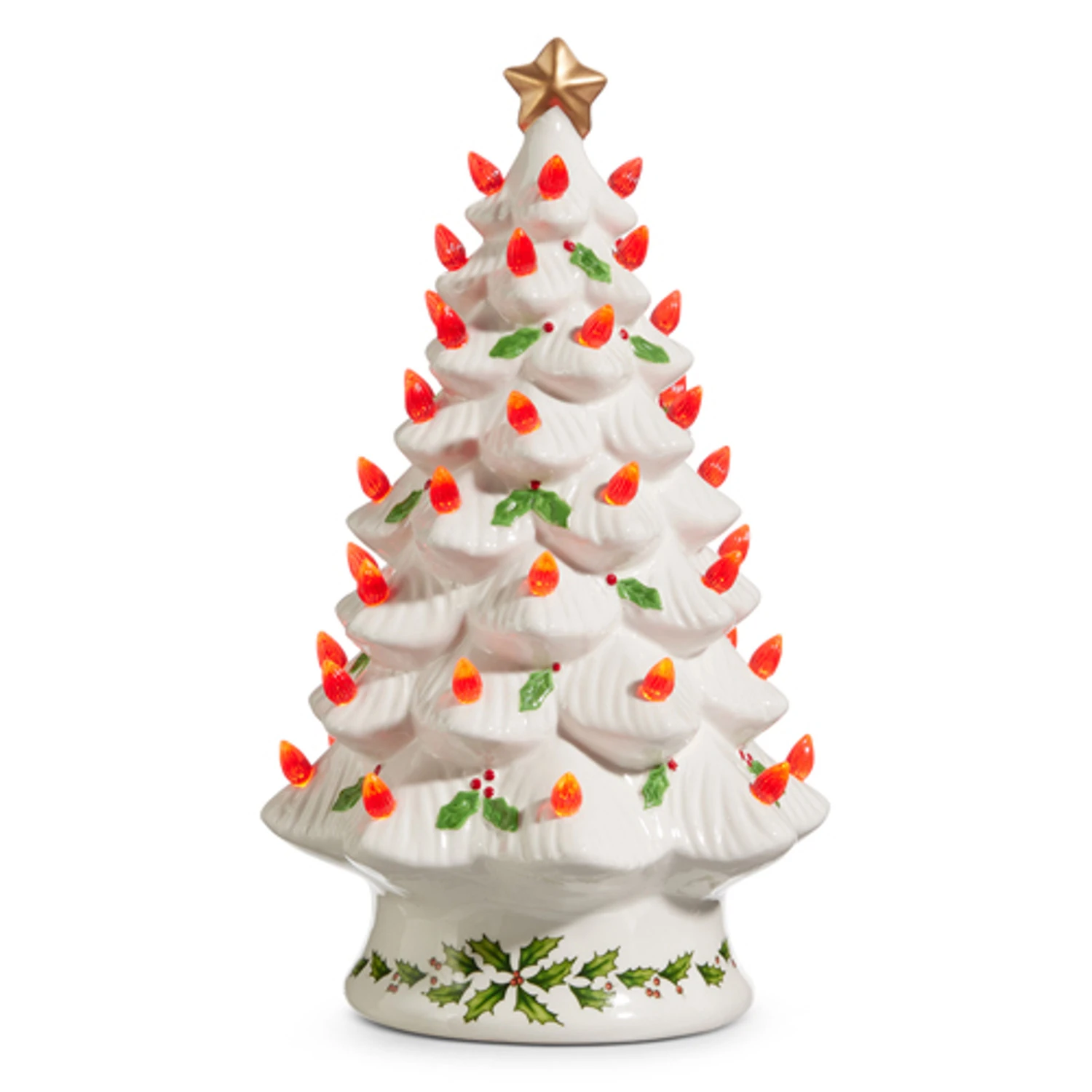Raz 13" Lighted Vintage White Ceramic Christmas Tree With Holly And Red Bulbs 4419049 4 Raz 13" Lighted Vintage White Ceramic Christmas Tree With Holly And Red Bulbs 4419049 - Image 2