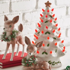 Raz 13" Lighted Vintage White Ceramic Christmas Tree With Holly And Red Bulbs 4419049