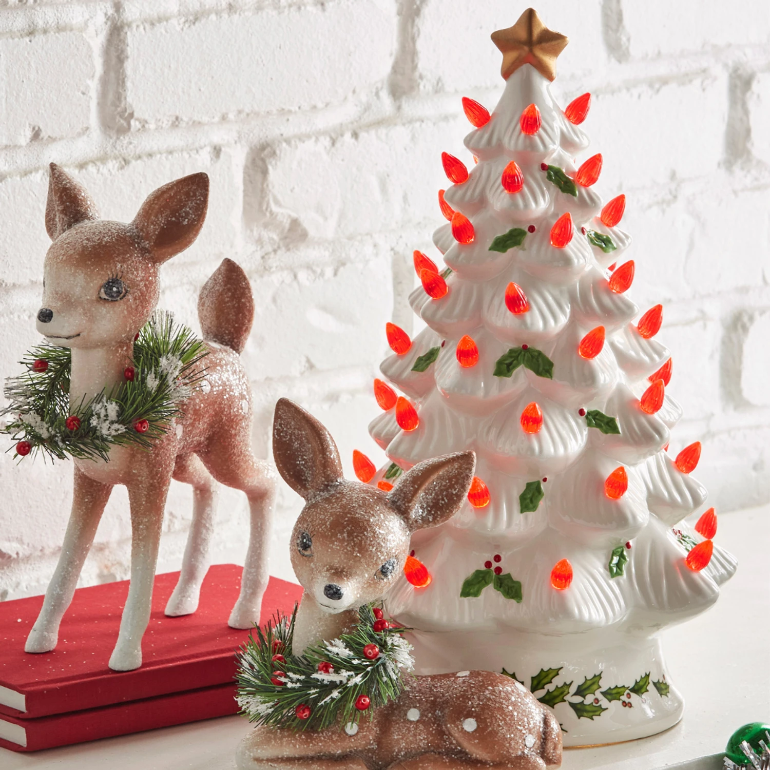 Raz 13" Lighted Vintage White Ceramic Christmas Tree With Holly And Red Bulbs 4419049 3 Raz 13" Lighted Vintage White Ceramic Christmas Tree With Holly And Red Bulbs 4419049