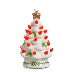 Raz 5" Lighted Vintage White Ceramic Tree With Holly And Red Bulbs Christmas Ornament 4419109