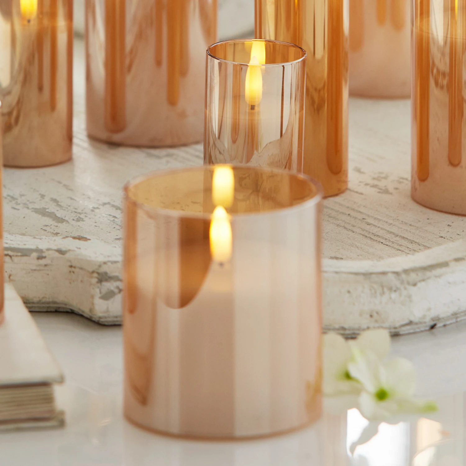 Raz 6" Pillar Battery Operated Flickering Candle In Gold Glass 4 Raz 6" Pillar Battery Operated Flickering Candle In Gold Glass - Image 2