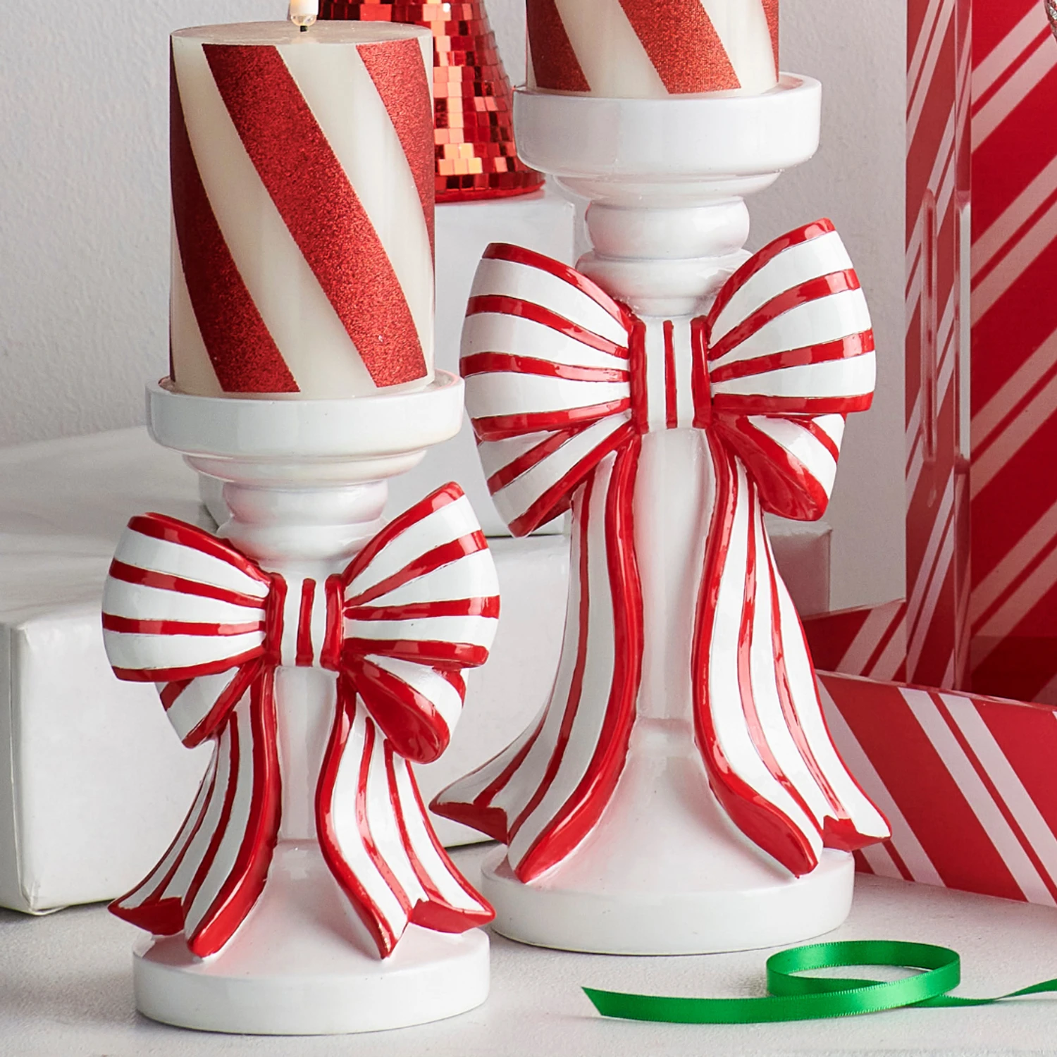 Raz 10" Red & White Striped Bow Christmas Pillar Or Taper Candle Holder 4512233 3 Raz 10" Red & White Striped Bow Christmas Pillar Or Taper Candle Holder 4512233