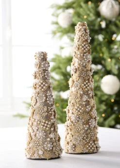 Raz 17.5" Gold Jewel And Pearl Brooch Cone Christmas Trees Set Of 2 4513520