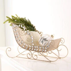 Raz 15" Champagne Glitter And Clear Jeweled Christmas Sleigh Decoration 4513589
