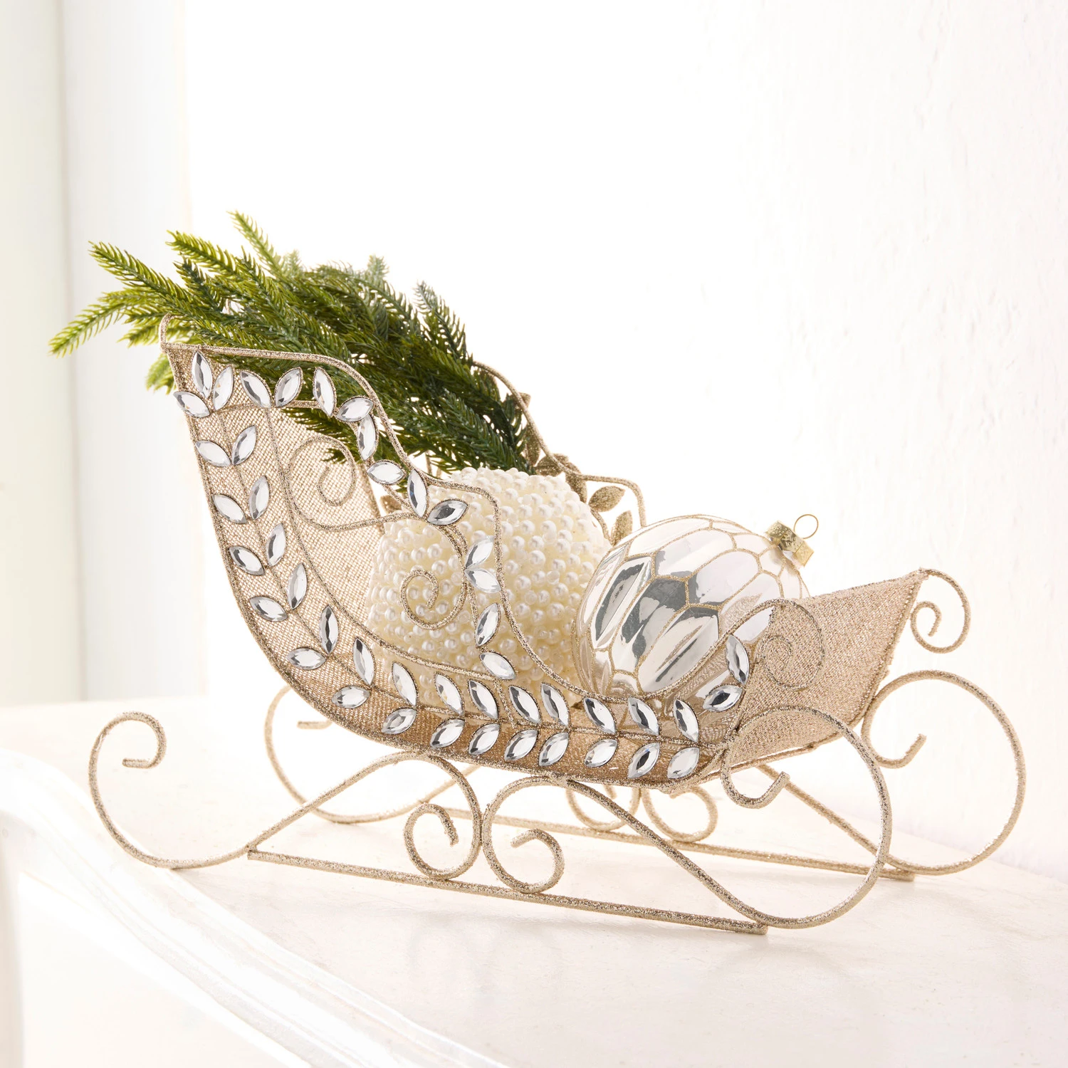 Raz 15" Champagne Glitter And Clear Jeweled Christmas Sleigh Decoration 4513589 3 Raz 15" Champagne Glitter And Clear Jeweled Christmas Sleigh Decoration 4513589