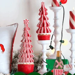 Raz 14" Set Of 2 Peppermint Ribbon Trees Christmas Decoration 4516449