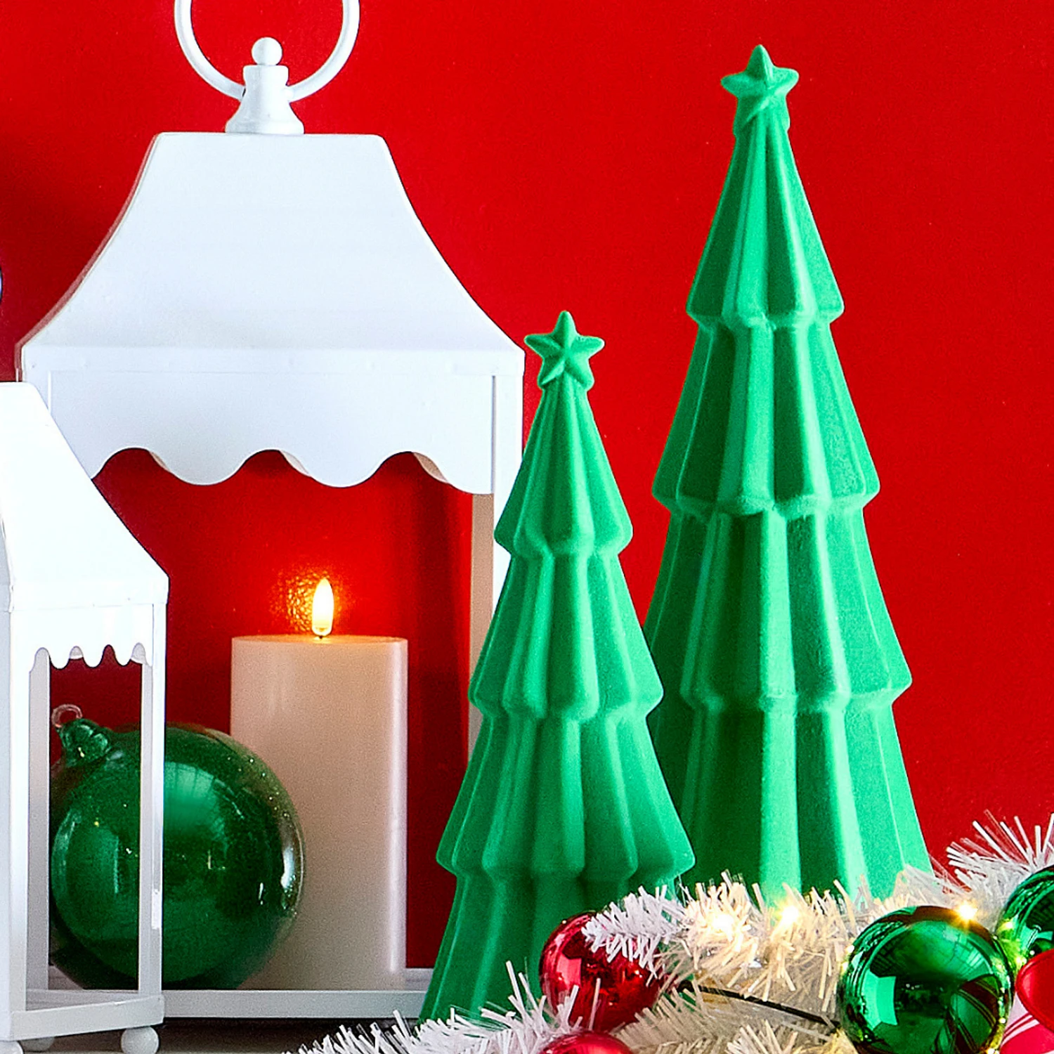 Raz 14" Set Of 2 Green Tiered Flocked Trees Christmas Decoration 4523131 3 Raz 14" Set Of 2 Green Tiered Flocked Trees Christmas Decoration 4523131