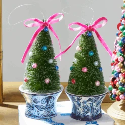 Raz 6" Bottle Brush Trees In Chinoiserie Delft Pot Christmas Ornament Set Of 2 4546021