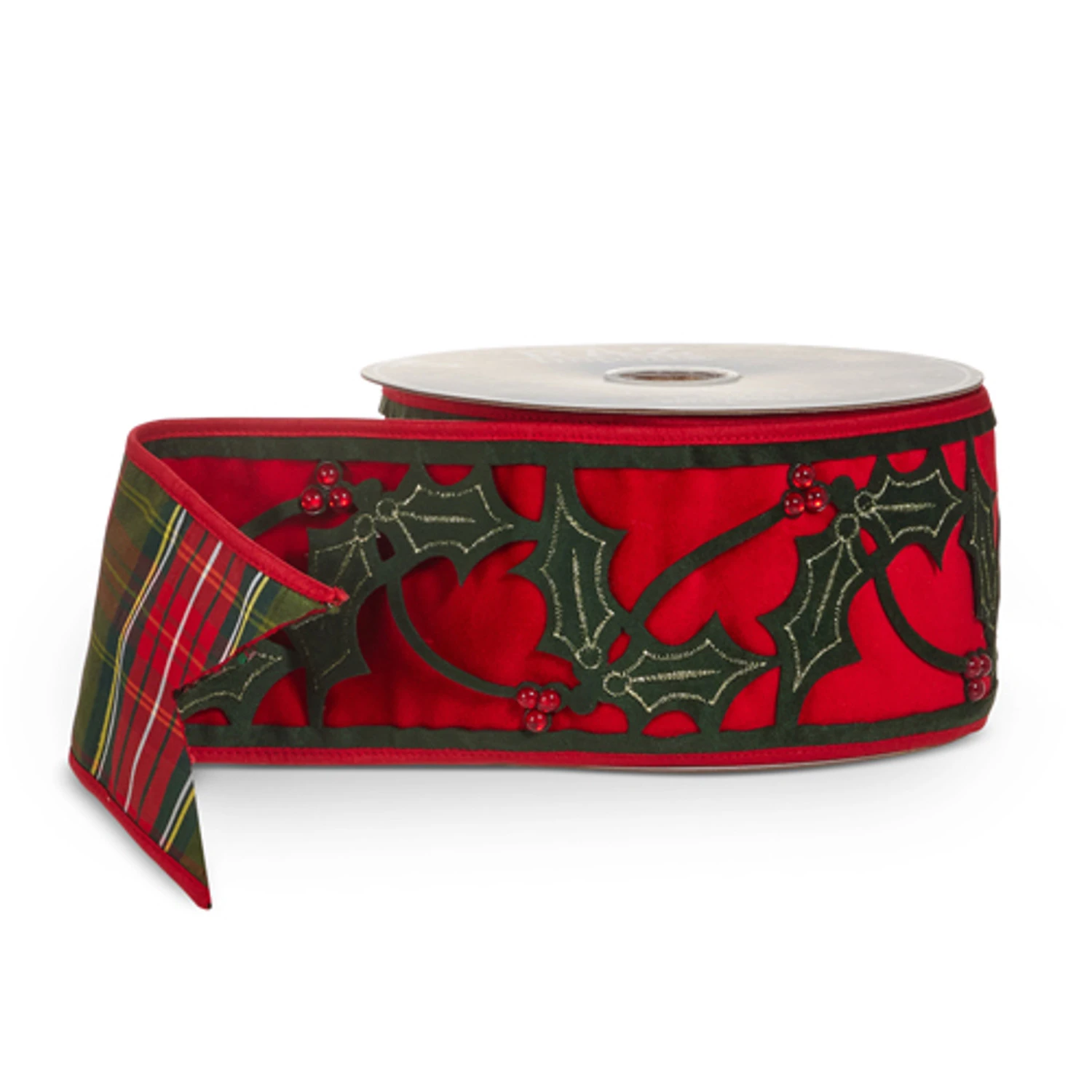 Raz 4" Velvet And Plaid Holly Double Sided Wired Christmas Ribbon R4527772 3 Raz 4" Velvet And Plaid Holly Double Sided Wired Christmas Ribbon R4527772