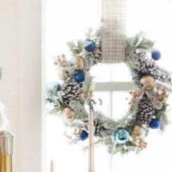 Raz 24" Snowy Mixed Greenery And Blue And Gold Ornament Christmas Wreath W4302540