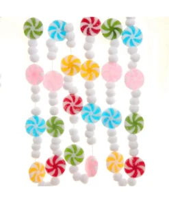 Kurt Adler 6' Peppermint Candy Frosted With Pom Poms Christmas Tree Garland D4597
