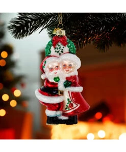 Kurt Adler 5" Noble Gems Mr And Mrs Santa Under The Mistletoe Glass Christmas Ornament NB1787